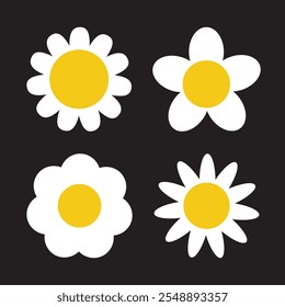 Four white yellow chamomile icon set. Daisy camomile flower. Cute round plant collection. Growing concept. Love card. Sign symbol shape template print. Flat design. Isolated. Black background. Vector