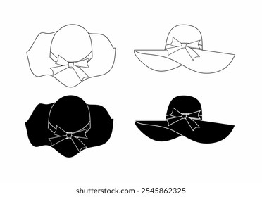 four wide-brimmed women's hats with ribbons, two striped and two solid black.outline silhouette women hat and ribbon illustration