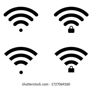 Four wifi icons in two shaped - round and straight, locked and unlocked variants. Flat design for smartphones and graphic.