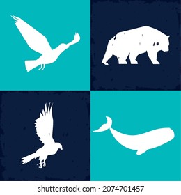 Vier Wildtiere doppelte Exposition mit Silhouetten