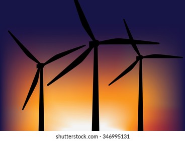 Four Wind Turbine Generating Electricity In Night Sky
