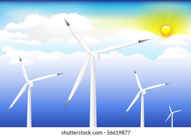 Four Wind Turbine Generating Electricity On Blue Sky