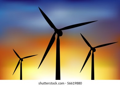 Four Wind Turbine Generating Electricity In Night Sky