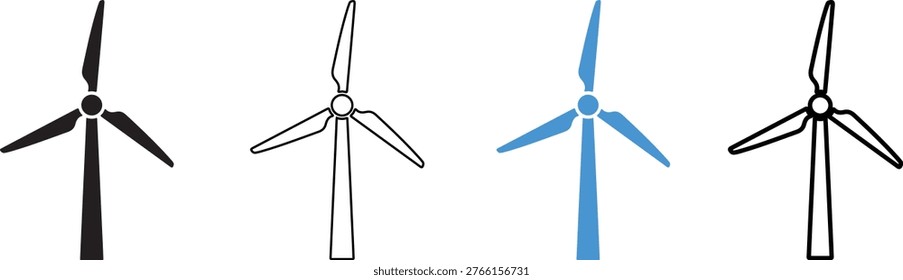 Four wind turbines with three blades each in different colors isolated on white background