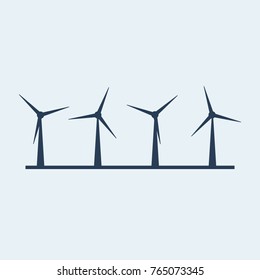 Four windmills stand in a row, extract wind energy, flat vector illustration, white, black, blue pillars icon, turbines