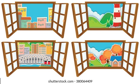 Four window scences of city and countryside illustration