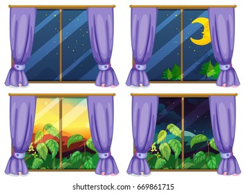 Cuatro escenas de ventanas ilustraciones diurnas y nocturnas