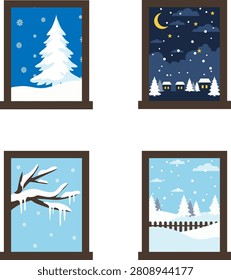 Four window views show winter scenes. Snow-covered trees, moonlit nights, icy branches, and snowy fences. Calm, peaceful, cozy winter atmosphere. Ideal for holiday cards, seasonal websites