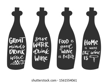 Four wine bottles doodle set, vector illustration. Hand drawn wine icons on chalkboard with white quotes. Doodle beverages collection. Glass wine bottles and alcohol icons.
