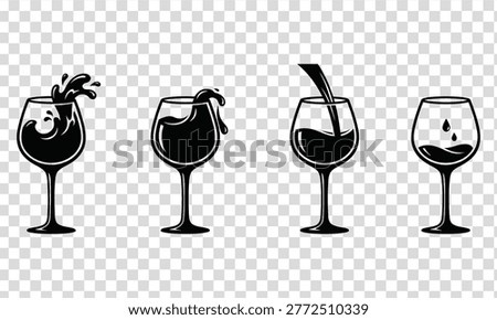 Four Wine Glasses Showing Different Pouring And Dripping Liquid Effects