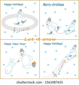 Four winter cards with happy snowmen skating, sledging and laughing.