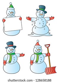 Four winter snowmen in various poses.