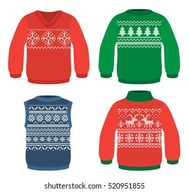 Four winter warm sweaters with Christmas patterns, snowflakes, christmas tree and deers