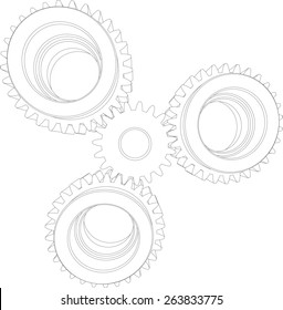 Four wire-frame gears. Front view. Vector illustration rendering of 3d