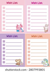 Four wish list sticky notes in cute animal series chores theme with axolotl bring vacuum cleaner and monkey washing a car