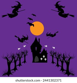 Four witches on broomsticks in hats are flying with ghosts and bats to the castle. There are creepy trees with owls nearby. Halloween Concept