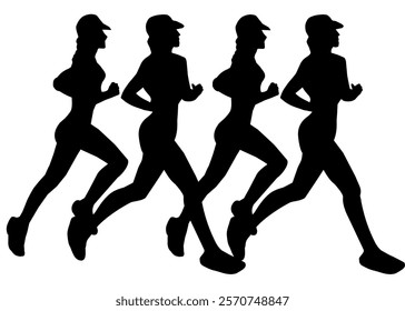 Four Woman Runner in Marathon. Silhouette icons. Vector.