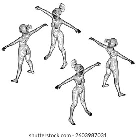 Four women are dancing in a line. The women are all bare-chested and are holding their arms out to the side. The image has a very simple and minimalistic feel to it. Isometric view. 3D