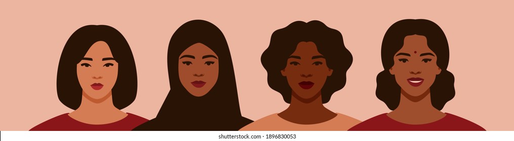 Cuatro mujeres de diferentes etnias y culturas se mantienen juntas. Muchachas fuertes y valientes se apoyan mutuamente y se apoyan en el movimiento feminista. Amistad entre hermandad y mujeres. Ilustración del vector