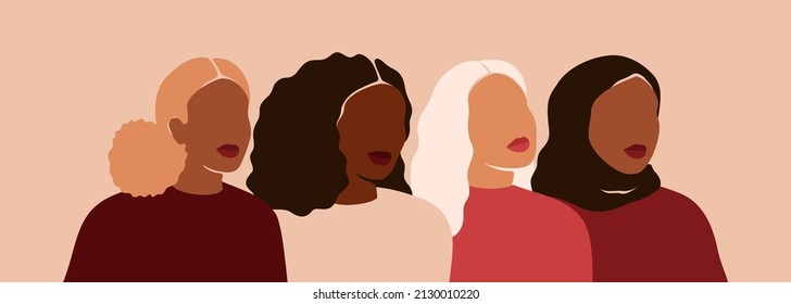 Four women of different ethnicities and cultures hug stand together. Strong and brave girls support each other and feminist movement. Multiracial Sisterhood and females friendship. Vector illustration