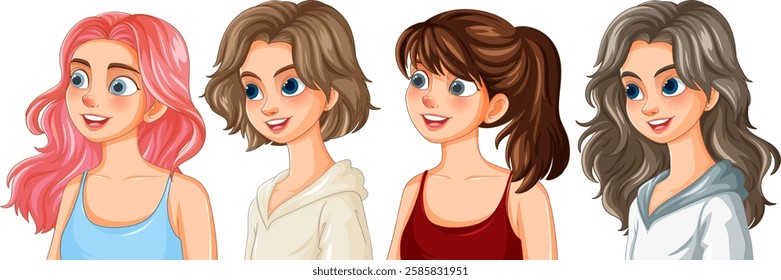 Four women with different hairstyles and colors