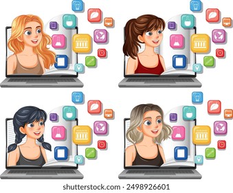 Four women engaging in online education