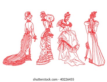 four women in the European suits of XIX age on a white background by the back