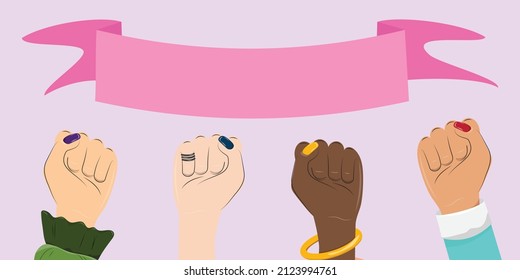 Four Women Fists Raised Up On Purple Background. Women Empowerment Concept Illustration. Diverse Women Fists With A Pink Ribbon On Top. For Banners, Cards, Advertisements, Backgrounds. 