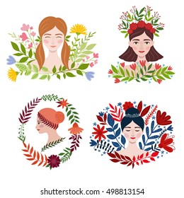 Four women in the flowers and leaves. Symbols of the seasons - Spring, Summer, Autumn and Winter. Vector illustration.