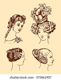 Four women heads with different hairstyles in a retro style on a beige background