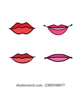 Four women lips with different lipstick or lip cream colors from red, pink, and brown shade. Vector icon isolated on square white background. Simple flat cartoon art styled drawing.