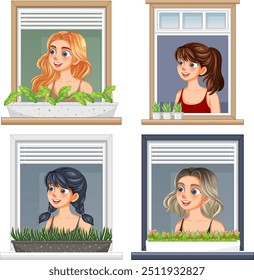Four women looking out from windows with plants