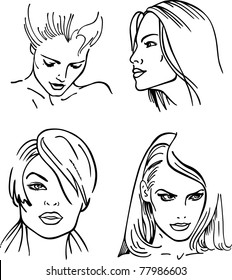Four women outlined faces (vector)