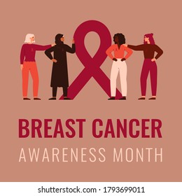 Four women with pink ribbons of different nationalities stand together near the pink ribbon. Breast cancer awareness month. Concept of support and solidarity with females fighting oncological disease