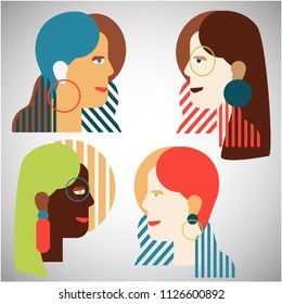Four women portraits in geometric modern style.  Vector fashion illustration with girls faces in simple shapes.
