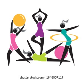 Four Women practicing Fitness exercice. 
Colorful flat illustration of sport aerobics, fitness activities. Vector available.