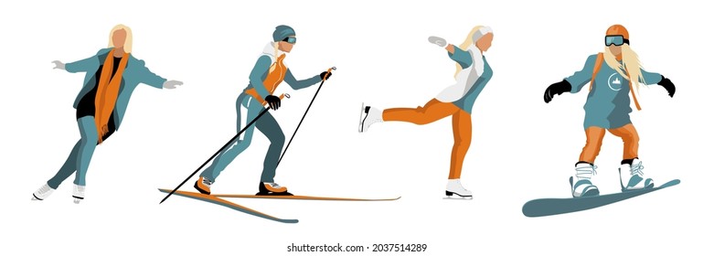 Vier Frauen üben Sportübungen wie Eislaufen, Skifahren und Snowboarden aus. Konzept der Gesundheitsversorgung. Einzelbild auf weißem Hintergrund. Vektorgrafik-Illustration