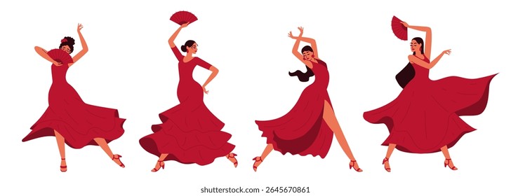 Four women in red dresses with fans dance flamenco. Spanish dance in various poses in a flat, modern style. Simple geometric style showing movement and traditional Spanish dance.