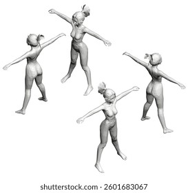Four women are shown in a row, each with their arms outstretched. The women are all dressed in white and appear to be dancing or performing a routine. Concept of grace and fluidity