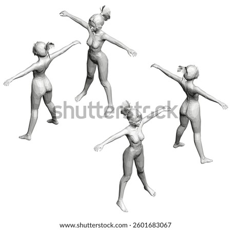 Four women are shown in a row, each with their arms outstretched. The women are all dressed in white and appear to be dancing or performing a routine. Concept of grace and fluidity