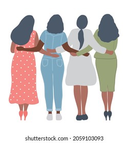 Four women are standing and hugging. Back view. International Women's Day concept. Girls power. Women's community. Female solidarity. Vector illustration