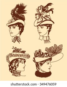 Four women's hats in retro style on the beige background