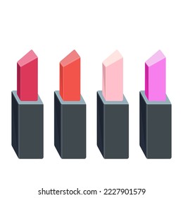 Four women's lipsticks of red, pink colors of a strict rectangular shape, in a black package, women's cosmetics.