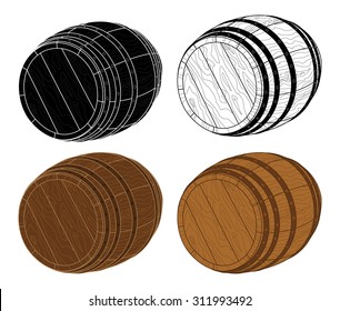 Four Wooden Barrels Vector. Set of Different Barrels Isolated on White Background