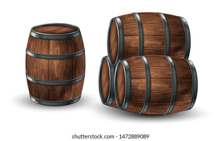 Four wooden barrels for wine or other drinks, studded with iron rings on a white background. 3D vector. High detailed realistic illustration.