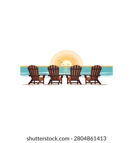 Four wooden beach chairs facing ocean sunset