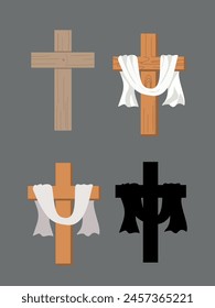 four wooden crosses, a silhouette cross, a cross with a white cloth on top. death, resurrection, ascension of the Lord Jesus Christ sign of the cross above the clouds with a white cloth. salib kayu