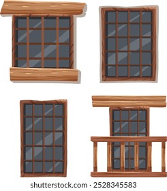 Four wooden-framed windows in various styles