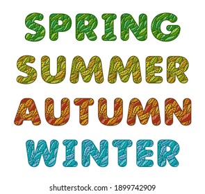 Four words - spring, summer, autumn, winter. Letters on a white background. Font made from multi-colored leaves. Green, orange red and blue inscription of the seasons of the year. Vector illustration.
