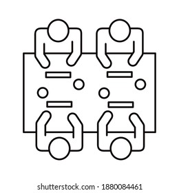 cuatro trabajadores sentados en el diseño de ilustración vectorial de estilo de línea de trabajo de tabla